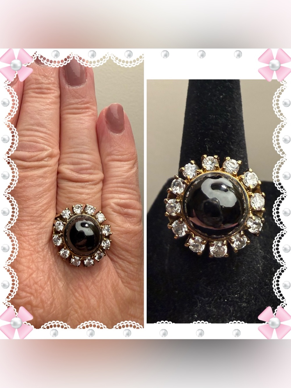 Ring - Vintage 925 Silver Vermeil black dome  CZ halo - 8 - Hollywood Collection